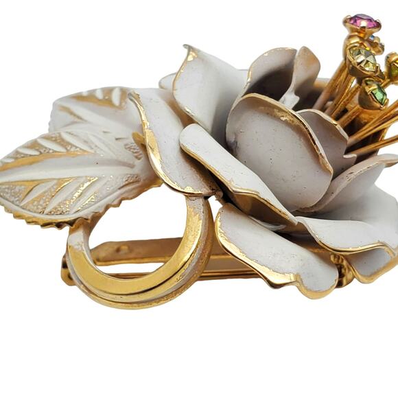 Vintage Enamel Flower Brooch Rhinestone Pin White Rose Gold Tone 1950s Statement - Picture 6 of 10